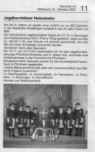 (31.10.2007) Gemeindeblatt Heimsheim. "Jagdhornbläser Heimsheim". (Bild anklicken)