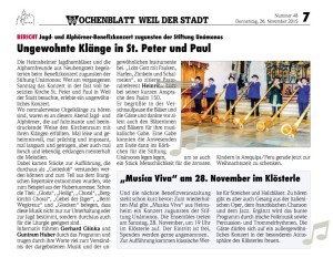 (26.11.2015) Wochenblatt Weil der Stadt. "Ungewohnte Klänge in St. Peter und Paul"
